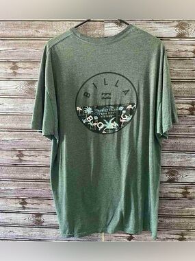 Billabong Men's Heather Green Short-Sleeve Logo Tee with Tropical Back Graphic